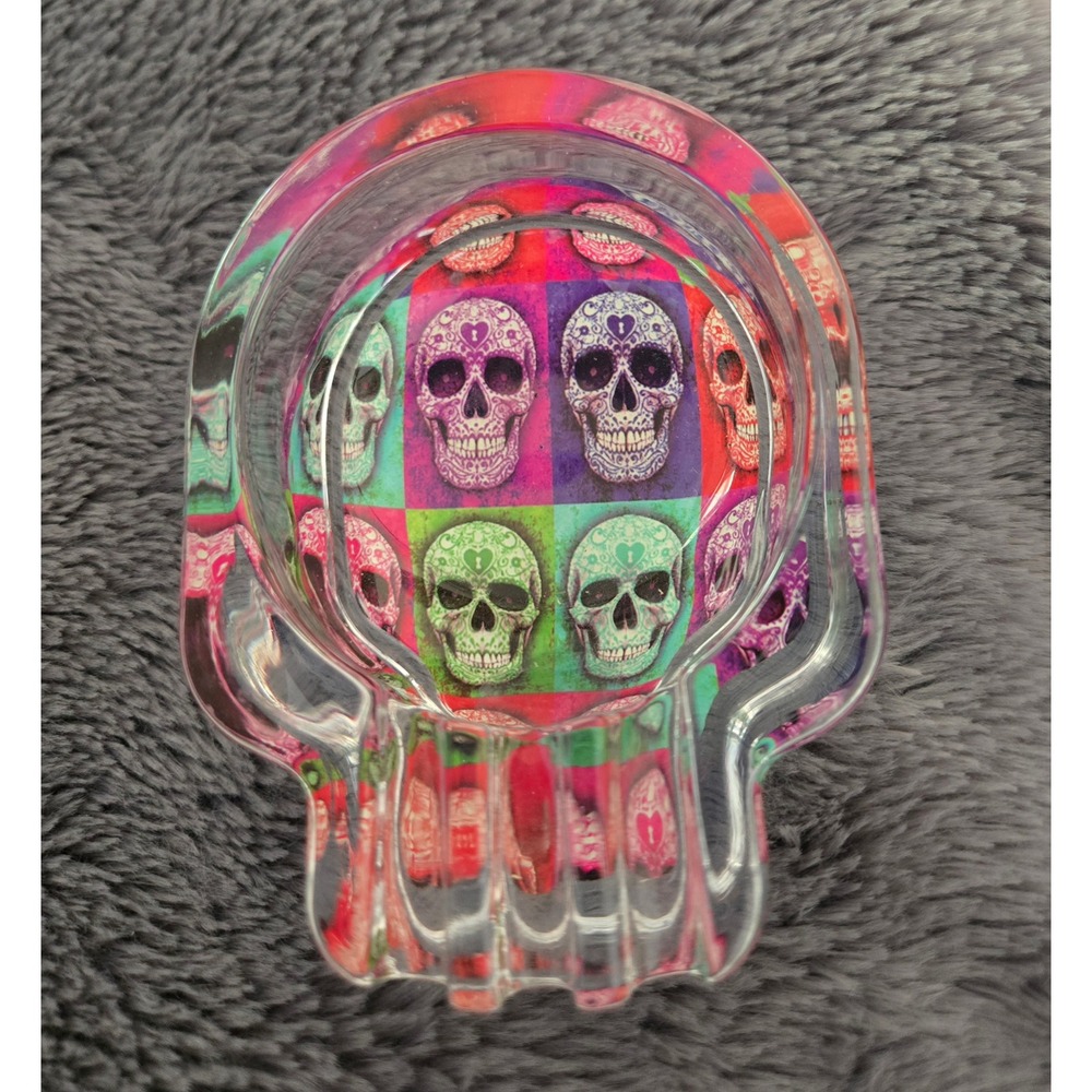Skull Glass Ashtray Pop Art Sugar Skull Day of the Dead Clear Heavy Glass